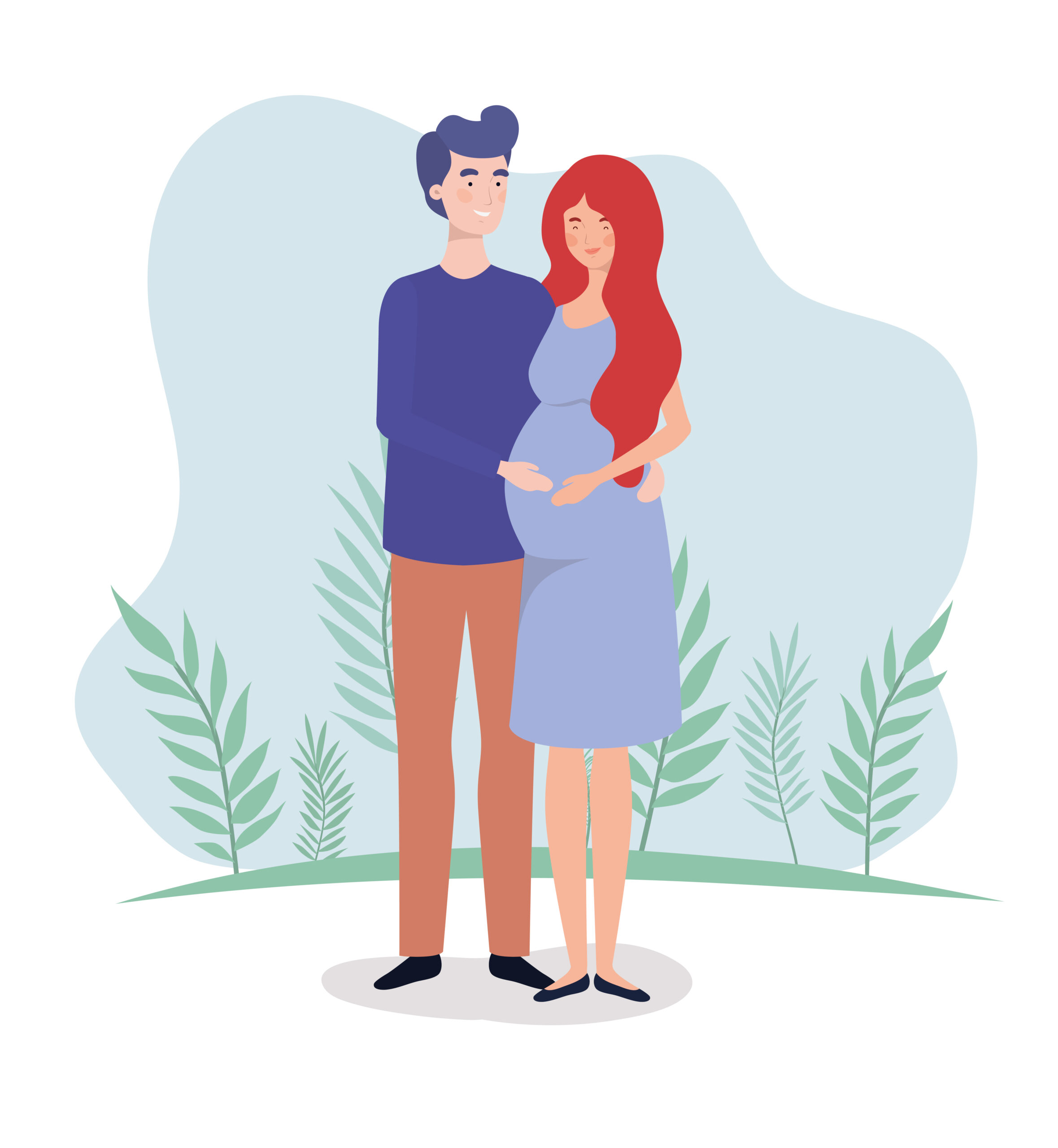 cute lovers couple pregnancy characters in the landscape